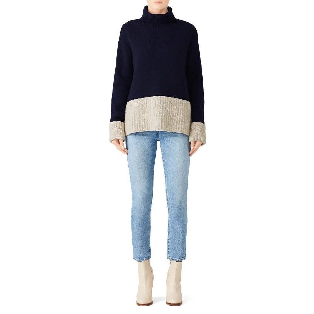 Derek 10 Lam Crosby Wool Blue Grey Turtleneck Contrast Block Sweater Size S
